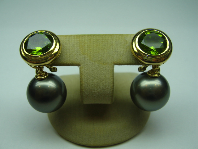 Peridot Earrings with Detachable Tahitian Cultured Pearl Ear-hangers