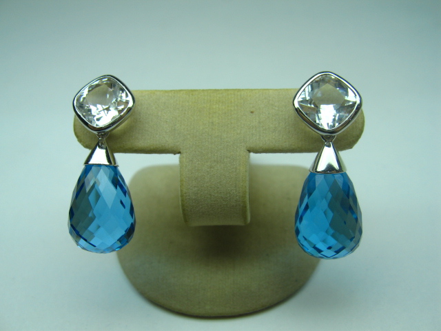 White Topaz Earrings with Detachable Blue Topaz Drop Ear-hangers
