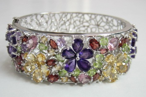 sterling silver Silver Bangle with Semi-Precious Gemstones.